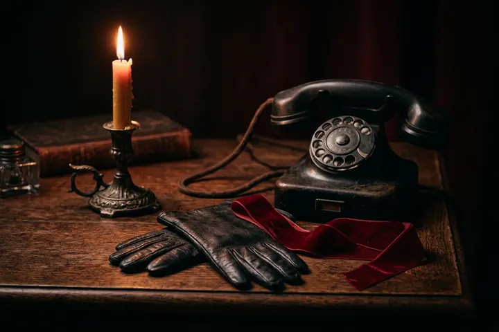 Gants de cuir noir et ruban de velours posés près d'un téléphone ancien, à la lueur d'une bougie
