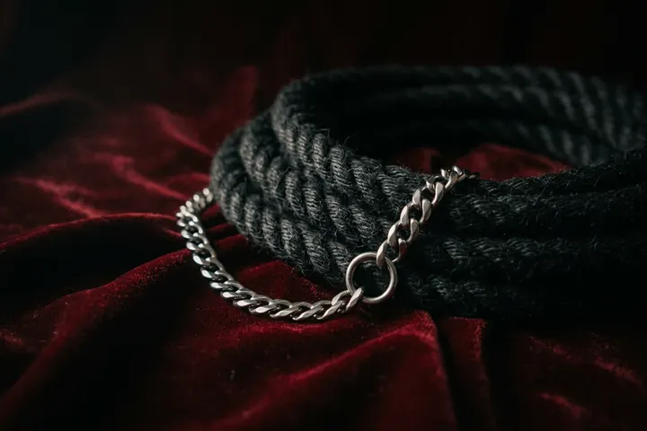 Corde noire enroulée et chaîne argentée sur un velours rouge sombre, éclairage latéral doux