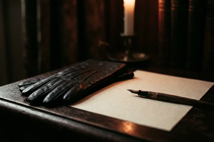 Plume et feuille de papier posées près d'un gant de cuir noir, à la lueur d'une bougie