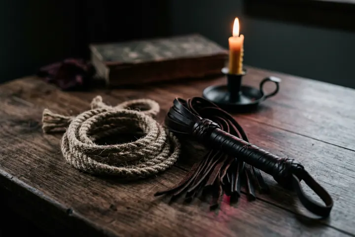 Corde de chanvre enroulée et martinet de cuir posés sur une table en bois sombre, éclairés à la bougie