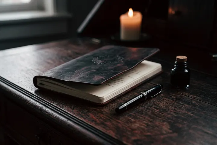 Carnet en cuir et stylo plume posés sur un bureau sombre, éclairés par une lumière douce de bougie