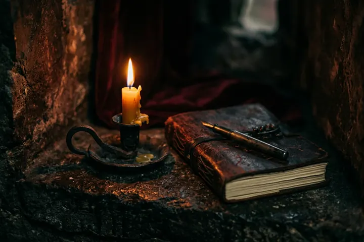 Bougie allumée près d'un carnet en cuir, dans une ambiance tamisée de donjon