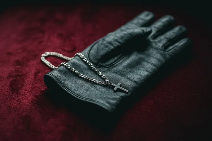 Chaîne argentée et gant de cuir noir posés sur du velours sombre, sous une lumière rasante